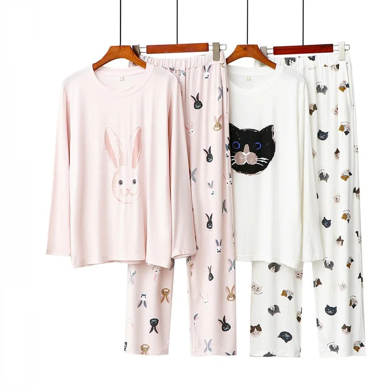 Japanese Sweet Cartoon Print Kawaii Pajamas Simple O-neck Pullover Long Sleeve Sleepwear Women Set 2 Piece Autumn Soft Homewear