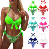 Women's Solid Bikini Set Hanging Neck Suspender Bra And High Rise Bow Knot Lace Up Sexy Swimwear Print Trend Split Swimsuit