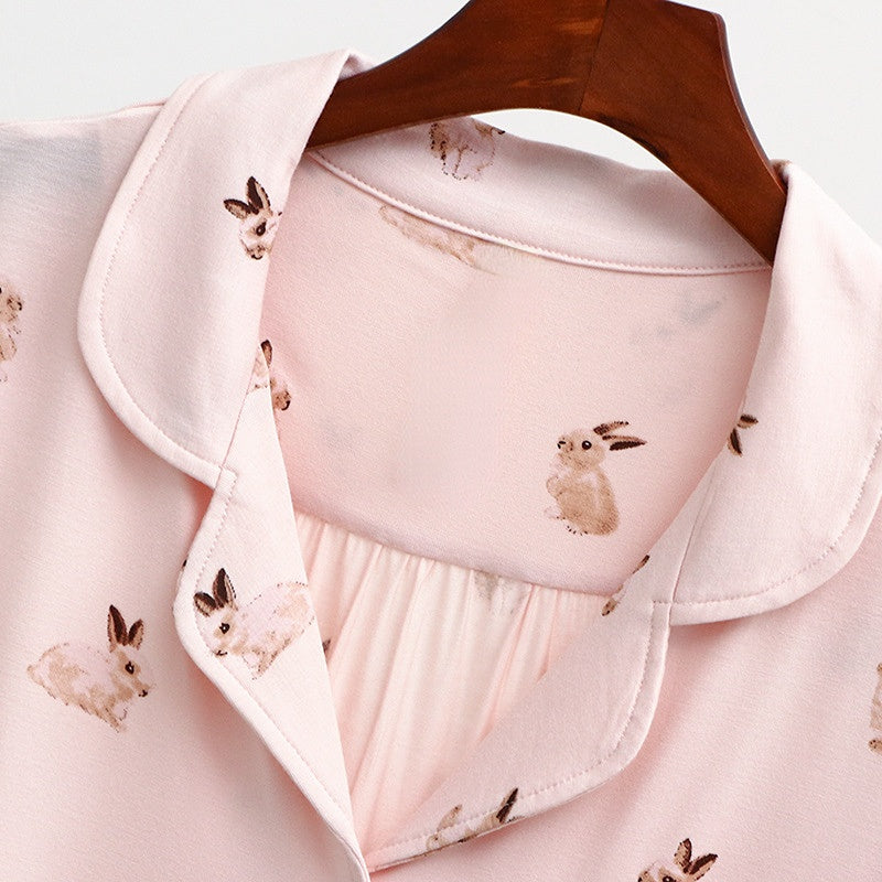 Cute Rabbit Printed Summer Pajama Sets Lapel Short Sleeve Cardigan Trouser Sleepwear Modal Soft Comfortable Homewear Suit