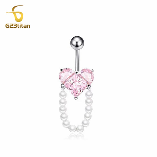 G23Titan Pink Zircon Heart Belly Ring Hanging Pearl Women Sexy Navel Jewelry Surgical Titanium Barbell Nombril Ombligo Piercing