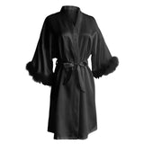 Fashion Satin Robe Female Bathrobe Sexy Lingerie Silk Kimono Bride Dressing Gown Women Sleepwear Furry 3/4 Sleeve Gown Bathrobe