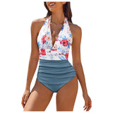 Women'S Halter Bikini Top V Neck Pleated Sexy Backless Flower Print High Waisted One Piece Swimsuit Summer Sports Bras Biquinis