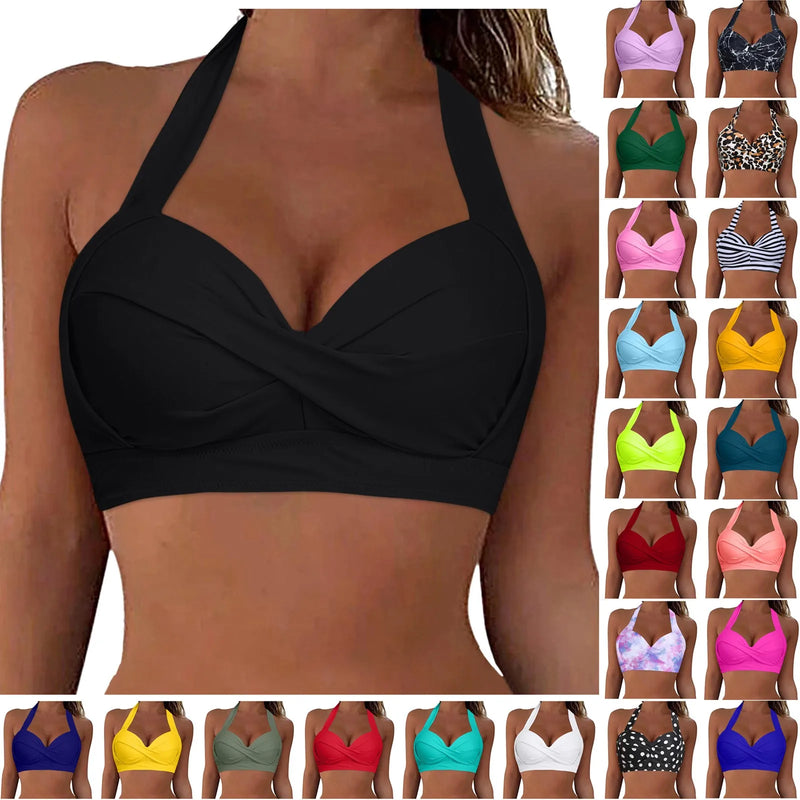 Push Up Swim Crop Top For Women Two Piece Swimsuits Lace Up Swimwear Halter Bikini Top Underwire Solid Full Coverage Sports Bras