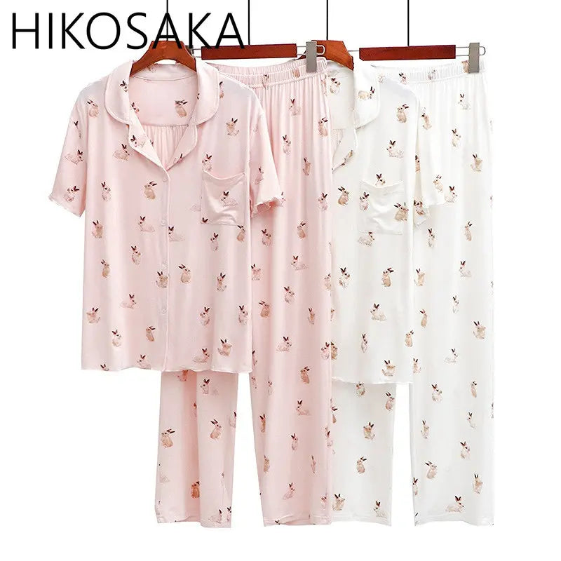 Cute Rabbit Printed Summer Pajama Sets Lapel Short Sleeve Cardigan Trouser Sleepwear Modal Soft Comfortable Homewear Suit