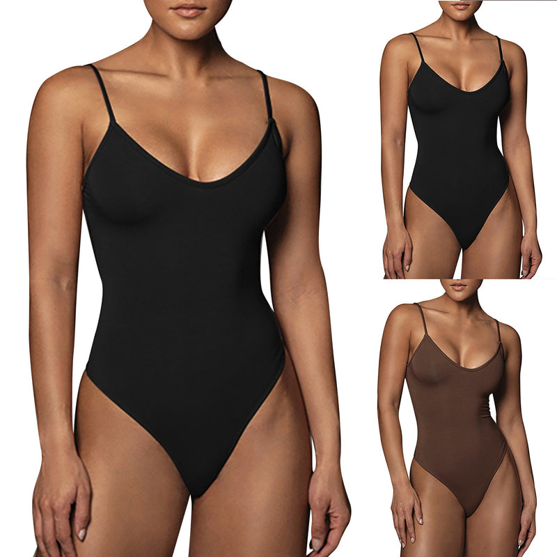 Long Sleeve Bodysuit Solid Color Spaghetti Strap Low Neckline Women's Tight Jumpsuit Sleeveless One Pieces Shapewear Playsuits