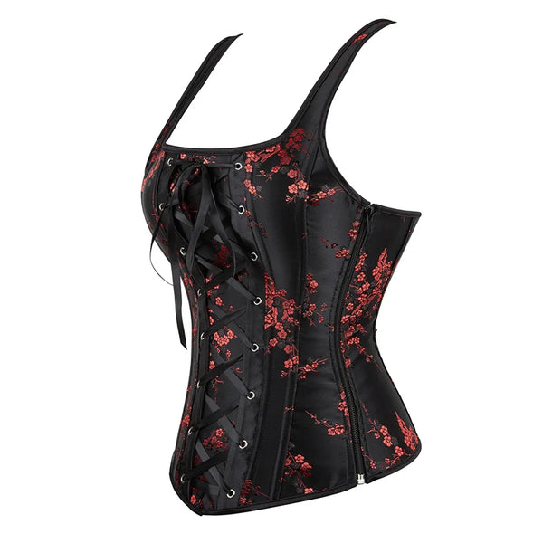 Corset Top Plus Size Sexy Lingerie Women Bustier Strap Embroidery Flower Overbust Corselet Vintage Fairy Burlesque Red Black