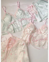 Bowknot hollow lace thin soft suspenders shorts sexy homewear suit summer pajamas two sets with bra pads with underpants