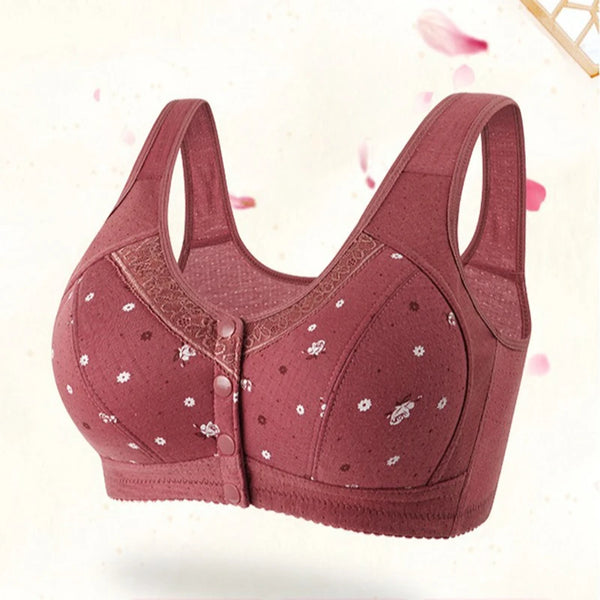 Comfortable Soft Bras Cotton Front-Close Bralette Wide Strap Buttons V Neck Padded Push Up Plus Size Middle Age Women Underwear