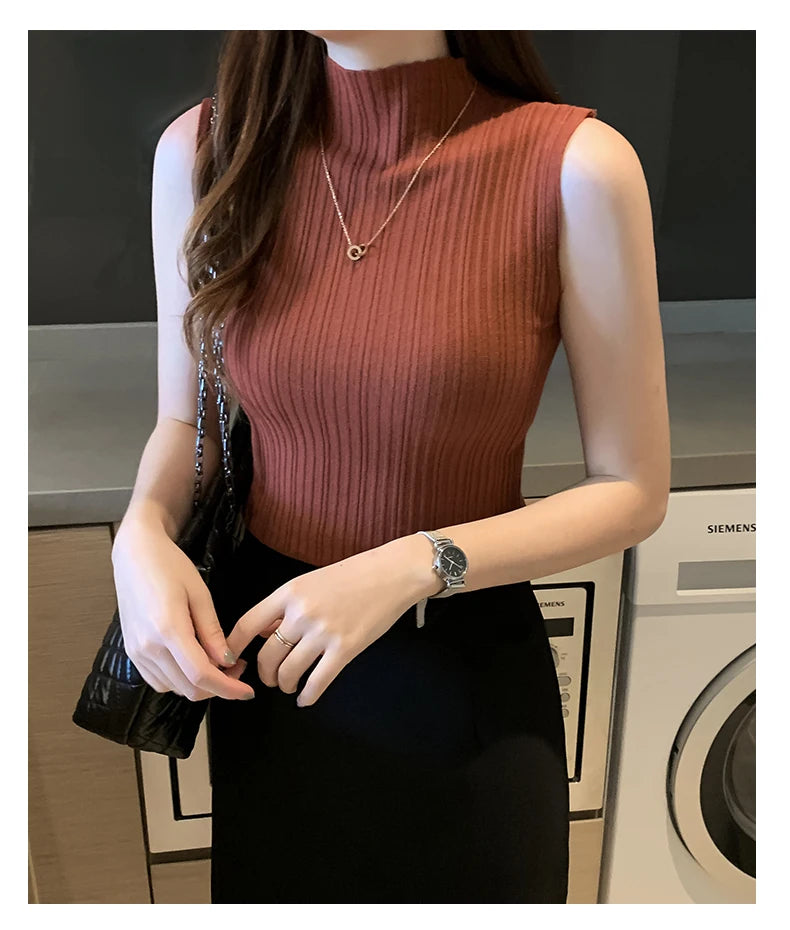 Fashion Women Knitted Vest Solid Color Sleeveless Half High Collar Slim Base Camisole Casual Tank Top Knitwear Summer Streetwear