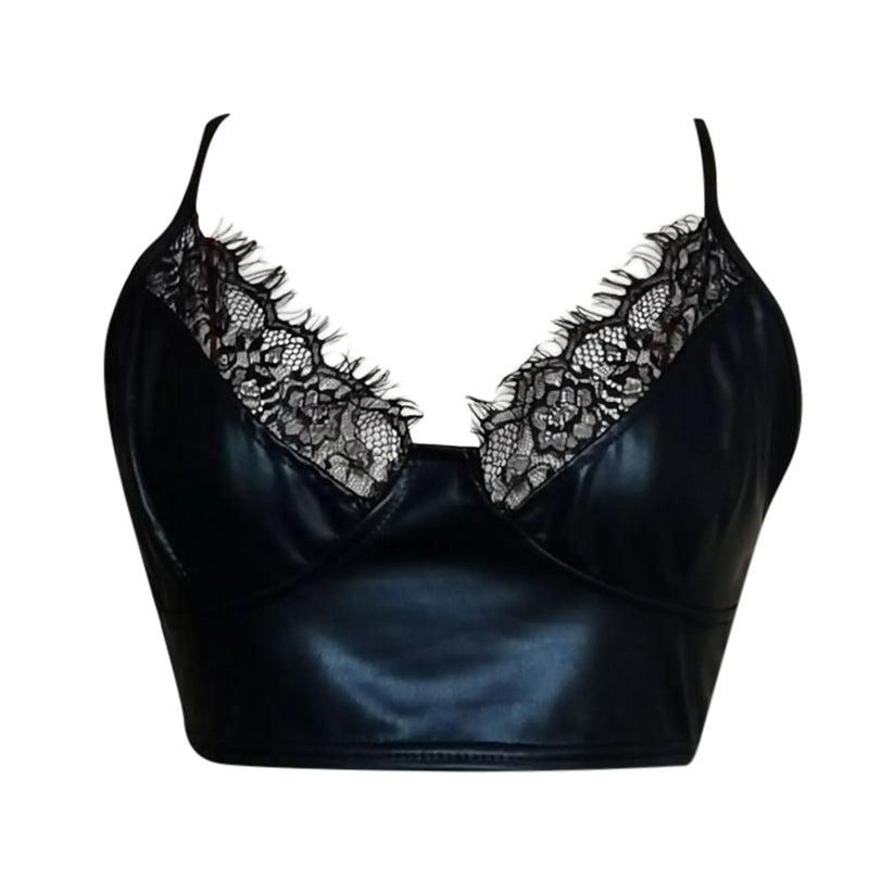 Sexy Pu Leather Camisole Women Lace Panel Push Up Sexy Lingerie V Neck Seamless Bralette Punk Style Corsets Cut Out Crop Tops