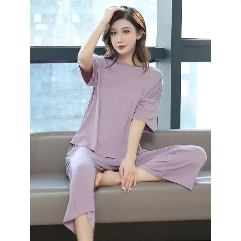 Cropped Trousers Thin Summer Loose Can Be Worn Outside Loungewear Set Refreshing Soft Modal Pajamas Ms. Summertime Short Sleeve