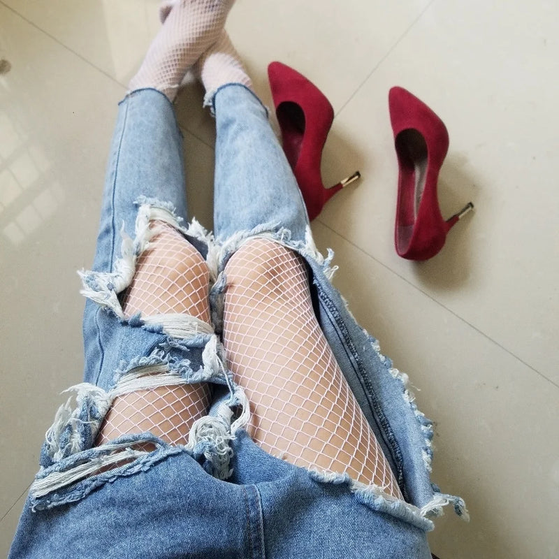 fashion red medium grid women high waist stocking fishnet club tights panty knitting net pantyhose trouser mesh lingerie TT016