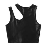 Women's Black Tops Asymmetrical Hollow Out Camisoles PU Leather Bare Midriff Cropped Tops Mujer Slim Fit Streetwear Vest