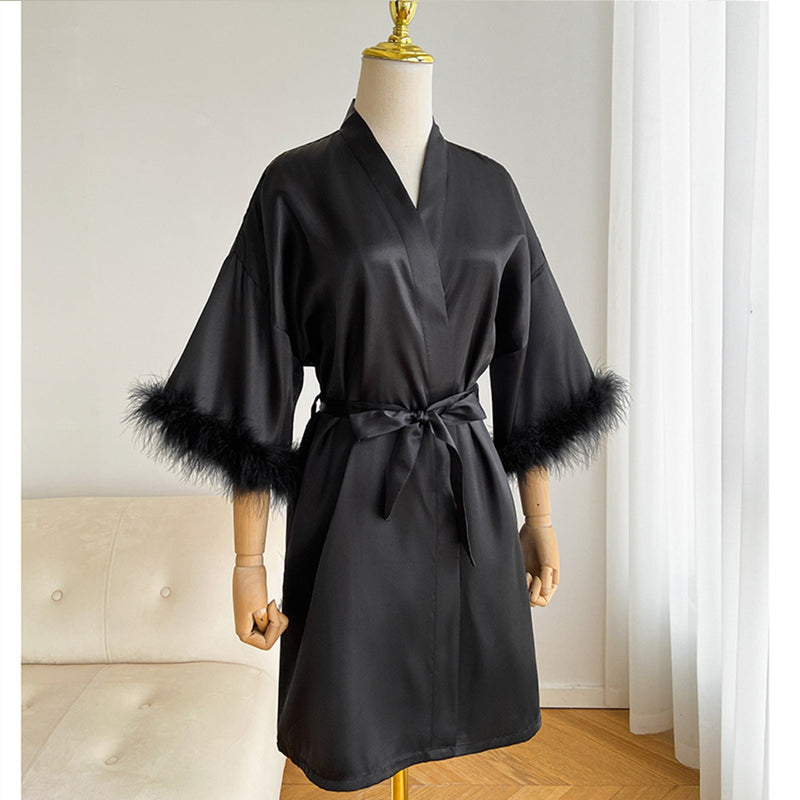 Fashion Satin Robe Female Bathrobe Sexy Lingerie Silk Kimono Bride Dressing Gown Women Sleepwear Furry 3/4 Sleeve Gown Bathrobe