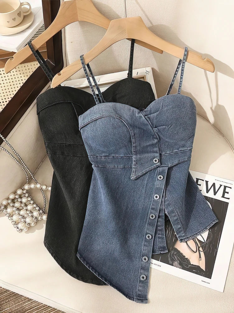 Coquette Comisoles Sleeveless Denim Tops Sexy Women Summer Jeans Tanks Crop Top Removable Strapless Cowboy Bustier Corset