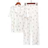 Cute Rabbit Printed Summer Pajama Sets Lapel Short Sleeve Cardigan Trouser Sleepwear Modal Soft Comfortable Homewear Suit