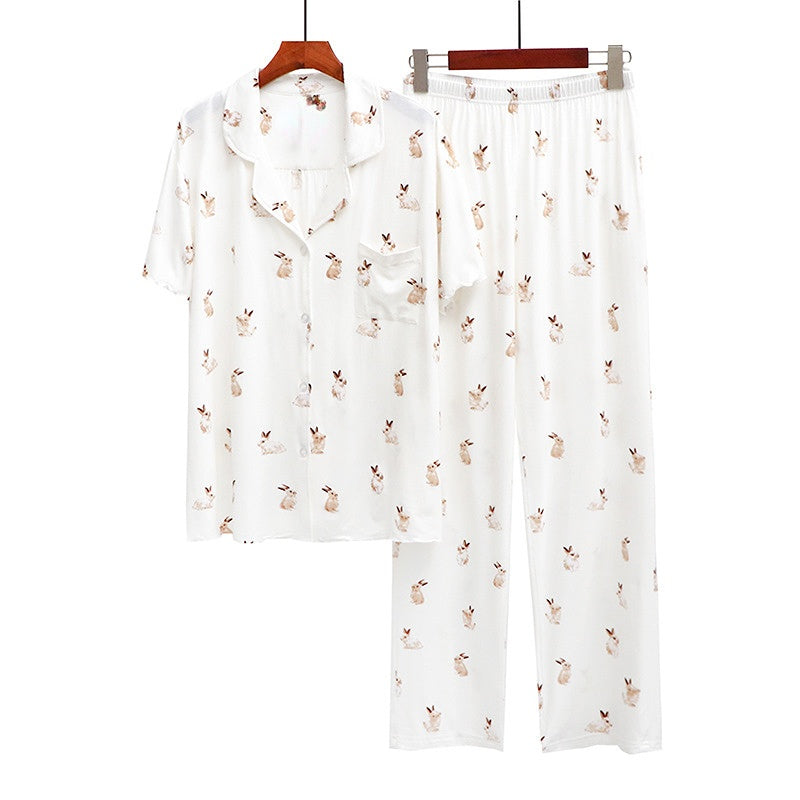 Cute Rabbit Printed Summer Pajama Sets Lapel Short Sleeve Cardigan Trouser Sleepwear Modal Soft Comfortable Homewear Suit