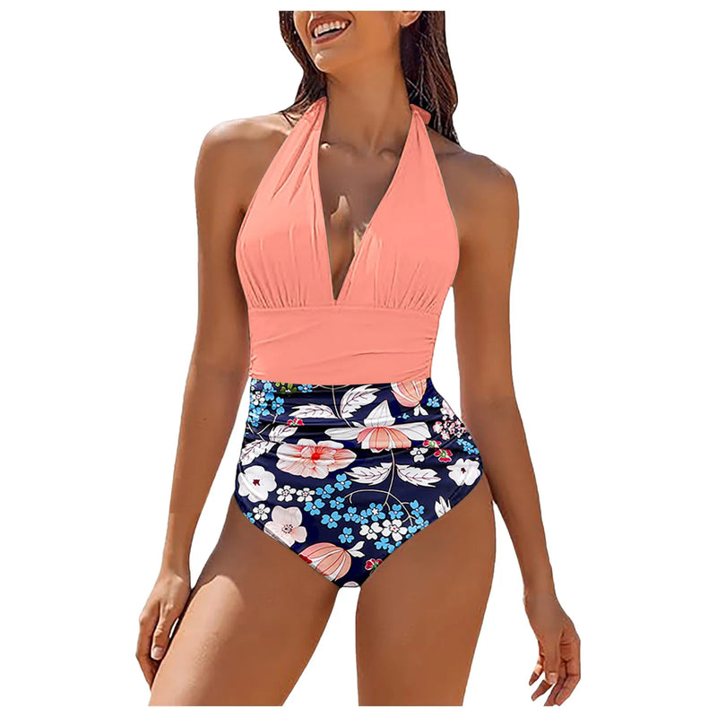 Women'S Halter Bikini Top V Neck Pleated Sexy Backless Flower Print High Waisted One Piece Swimsuit Summer Sports Bras Biquinis