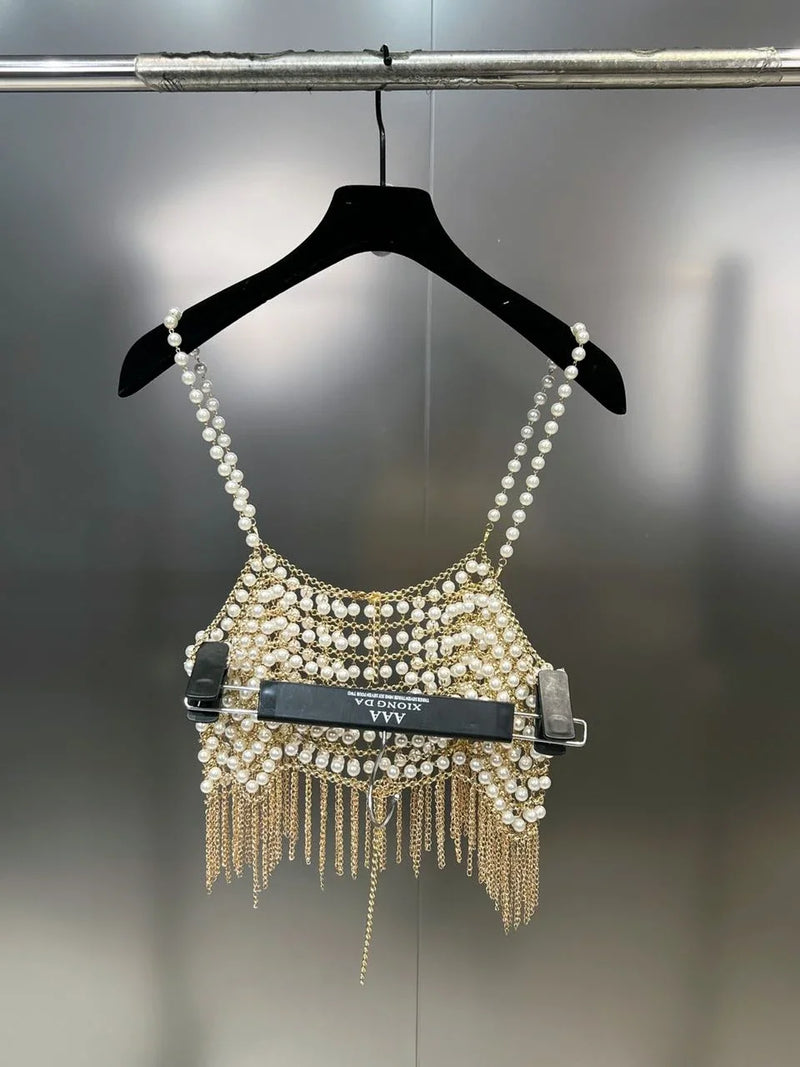 Bead Pendant Choker Long Statement Necklace for Women Chain Costume Body Pearl Chain Spaghetti Strap Tank Top Y2k for Women