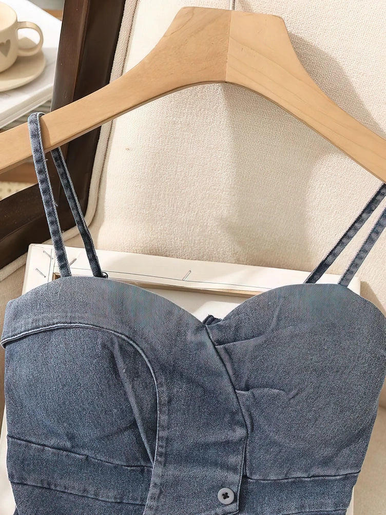 Coquette Comisoles Sleeveless Denim Tops Sexy Women Summer Jeans Tanks Crop Top Removable Strapless Cowboy Bustier Corset