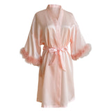 Fashion Satin Robe Female Bathrobe Sexy Lingerie Silk Kimono Bride Dressing Gown Women Sleepwear Furry 3/4 Sleeve Gown Bathrobe