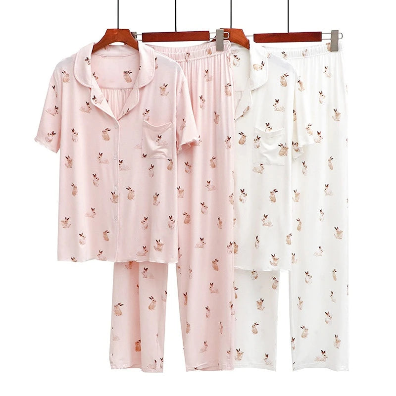 Cute Rabbit Printed Summer Pajama Sets Lapel Short Sleeve Cardigan Trouser Sleepwear Modal Soft Comfortable Homewear Suit