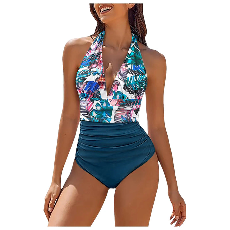 Women'S Halter Bikini Top V Neck Pleated Sexy Backless Flower Print High Waisted One Piece Swimsuit Summer Sports Bras Biquinis