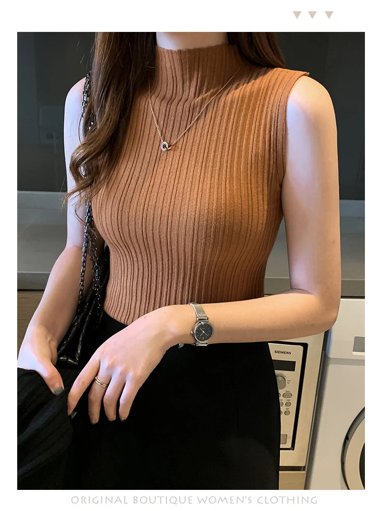 Fashion Women Knitted Vest Solid Color Sleeveless Half High Collar Slim Base Camisole Casual Tank Top Knitwear Summer Streetwear