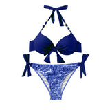 Women's Solid Bikini Set Hanging Neck Suspender Bra And High Rise Bow Knot Lace Up Sexy Swimwear Print Trend Split Swimsuit