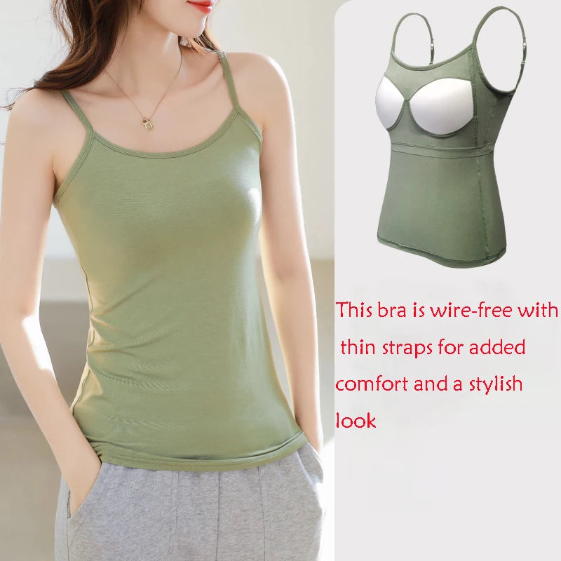 Modal Ribbed Camisole with Padded Bust Women Sleeveless Undershirt Summer Solid Color Outerwear Concealing Side Cleavage C4881