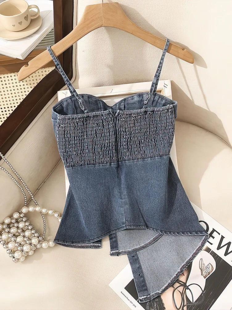 Coquette Comisoles Sleeveless Denim Tops Sexy Women Summer Jeans Tanks Crop Top Removable Strapless Cowboy Bustier Corset