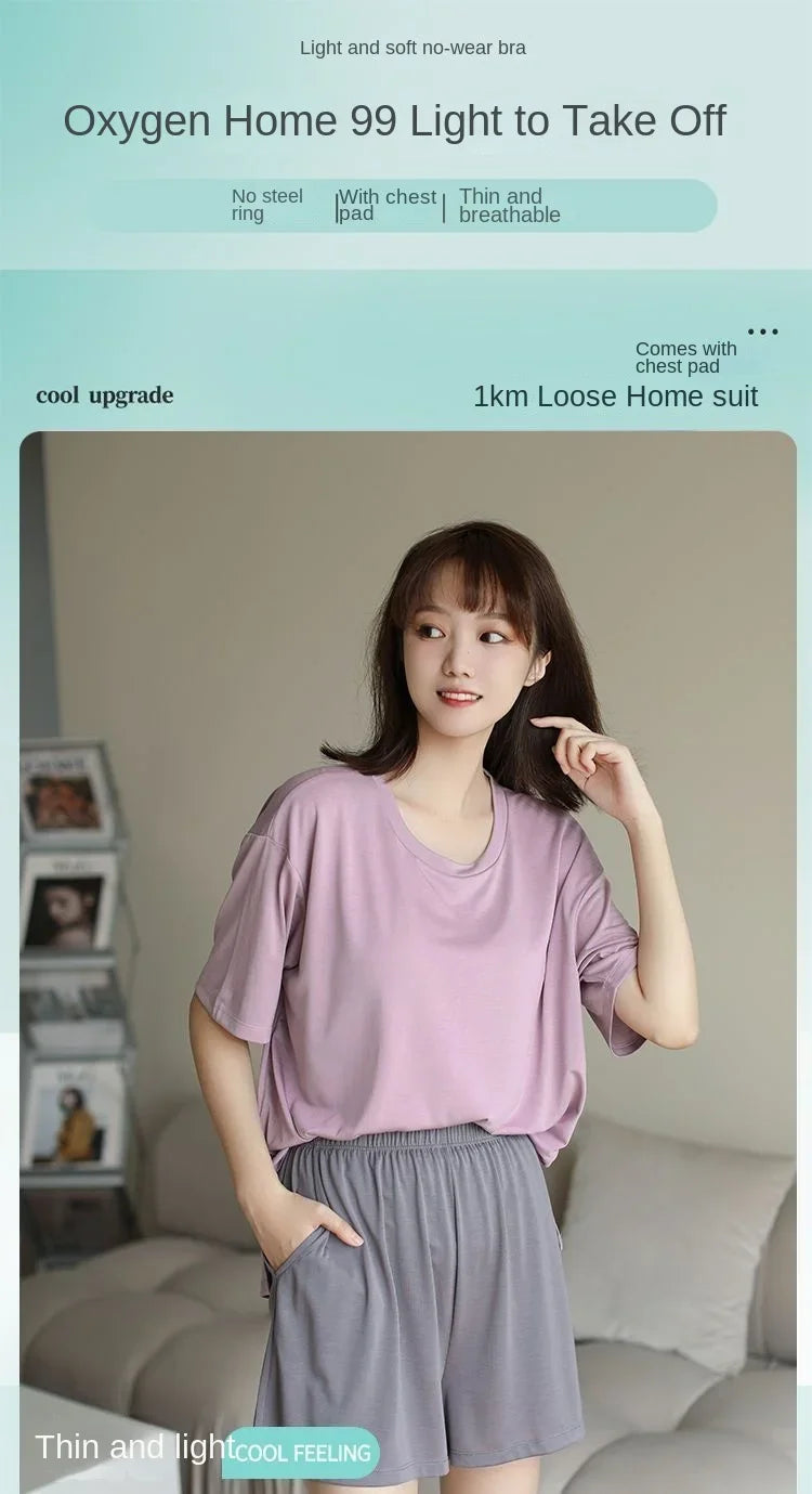 Cropped Trousers Thin Summer Loose Can Be Worn Outside Loungewear Set Refreshing Soft Modal Pajamas Ms. Summertime Short Sleeve