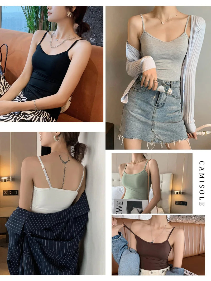 Modal Ribbed Camisole with Padded Bust Women Sleeveless Undershirt Summer Solid Color Outerwear Concealing Side Cleavage C4881