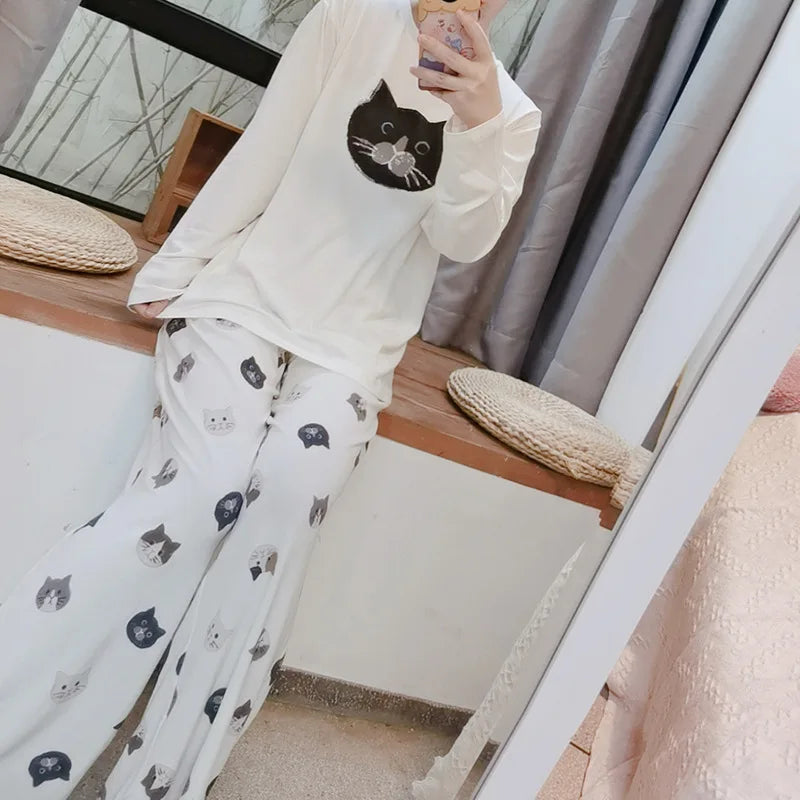 Japanese Cute Cartoon Print O-neck Pullover Pajama Set Casual Loose Long Sleeve Trousers Homewear Suit Autumn Soft Sleepwear