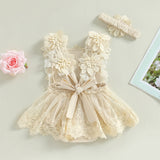 2023-04-29 Lioraitiin 0-18M Infant Baby Girls Bodysuit Summer Sleeveless Square Neck Floral Lace Bodysuit Tops Head Band