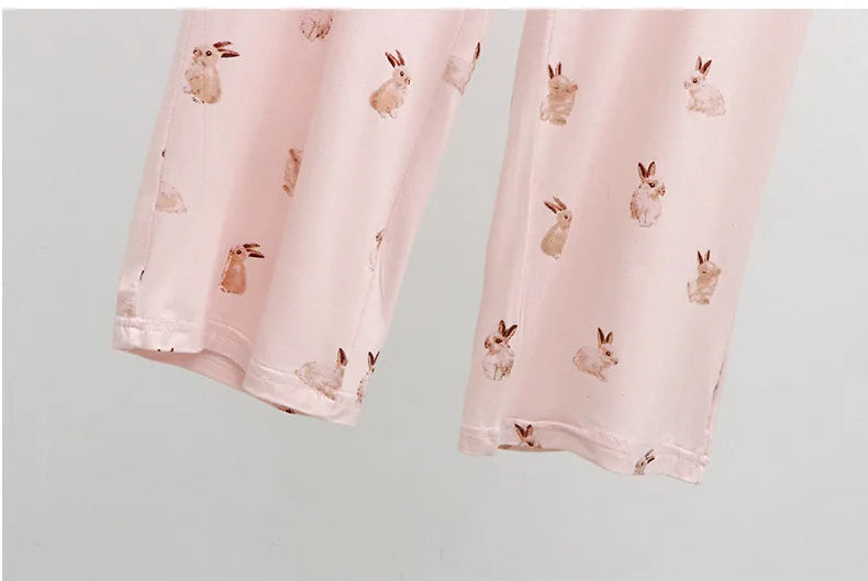 Cute Rabbit Printed Summer Pajama Sets Lapel Short Sleeve Cardigan Trouser Sleepwear Modal Soft Comfortable Homewear Suit