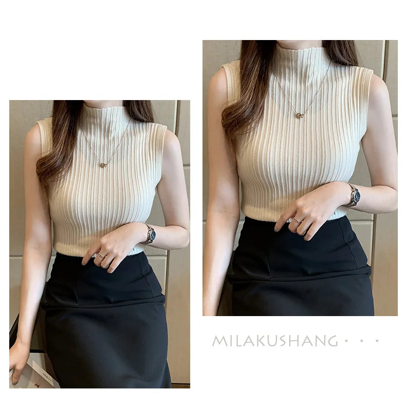 Fashion Women Knitted Vest Solid Color Sleeveless Half High Collar Slim Base Camisole Casual Tank Top Knitwear Summer Streetwear