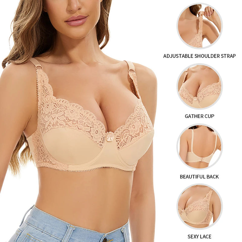 Plus Size Lace Bras For Women's Bralette Crop Top Underwear Female Sexy Lingerie Wide Shoulder Straps Underwired Push Up Bra