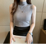 Fashion Women Knitted Vest Solid Color Sleeveless Half High Collar Slim Base Camisole Casual Tank Top Knitwear Summer Streetwear