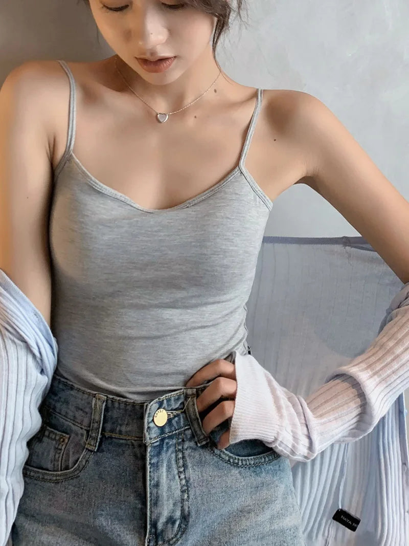 Modal Ribbed Camisole with Padded Bust Women Sleeveless Undershirt Summer Solid Color Outerwear Concealing Side Cleavage C4881