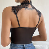 Summer Lace Bodysuit for Women O-Neck Body Jumpsuit Femme Backless Slim Bodysuit Women's Lace Sexy See Through Overalls Lingerie