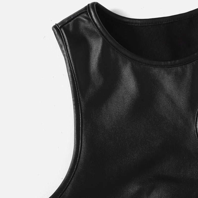 Women's Black Tops Asymmetrical Hollow Out Camisoles PU Leather Bare Midriff Cropped Tops Mujer Slim Fit Streetwear Vest