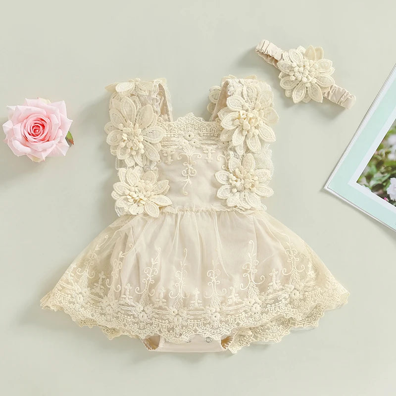 2023-04-29 Lioraitiin 0-18M Infant Baby Girls Bodysuit Summer Sleeveless Square Neck Floral Lace Bodysuit Tops Head Band