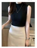 Fashion Women Knitted Vest Solid Color Sleeveless Half High Collar Slim Base Camisole Casual Tank Top Knitwear Summer Streetwear