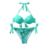 Women's Solid Bikini Set Hanging Neck Suspender Bra And High Rise Bow Knot Lace Up Sexy Swimwear Print Trend Split Swimsuit