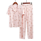 Cute Rabbit Printed Summer Pajama Sets Lapel Short Sleeve Cardigan Trouser Sleepwear Modal Soft Comfortable Homewear Suit