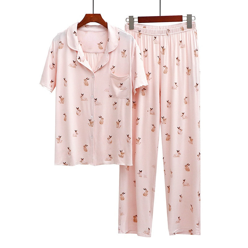 Cute Rabbit Printed Summer Pajama Sets Lapel Short Sleeve Cardigan Trouser Sleepwear Modal Soft Comfortable Homewear Suit