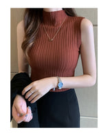 Fashion Women Knitted Vest Solid Color Sleeveless Half High Collar Slim Base Camisole Casual Tank Top Knitwear Summer Streetwear