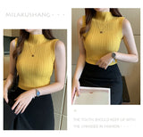 Fashion Women Knitted Vest Solid Color Sleeveless Half High Collar Slim Base Camisole Casual Tank Top Knitwear Summer Streetwear