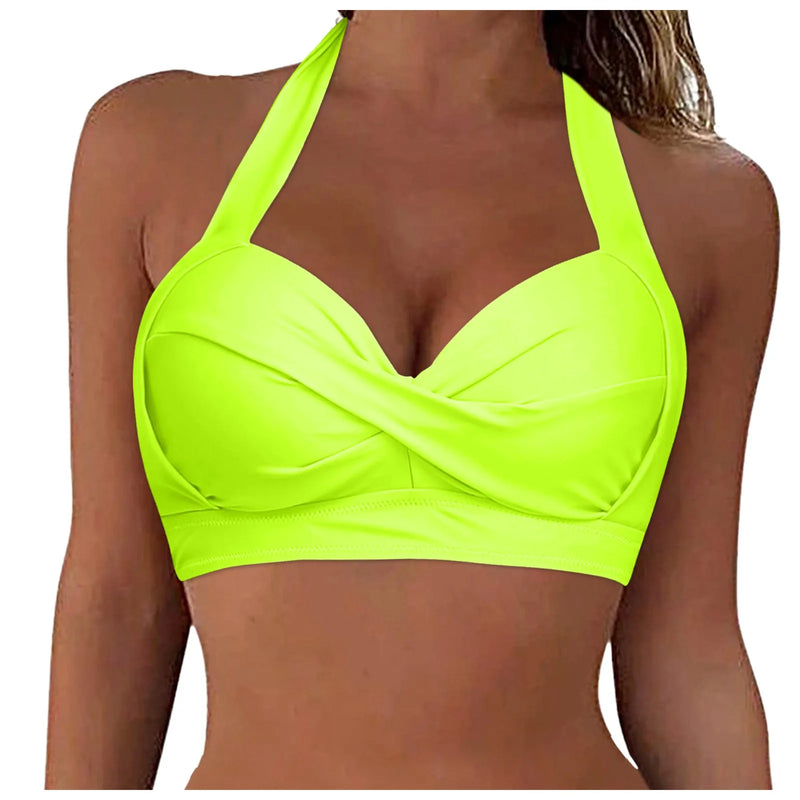 Push Up Swim Crop Top For Women Two Piece Swimsuits Lace Up Swimwear Halter Bikini Top Underwire Solid Full Coverage Sports Bras